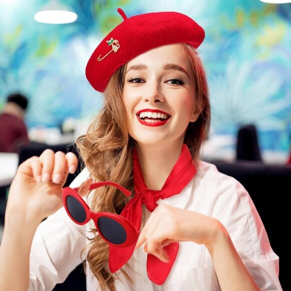 Women Girls French Outfits Accessories 6 Pcs Red Beret Scarf Gloves Sunglasses B